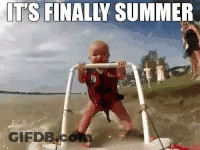A Baby Is Standing On A Raft In The Water With The Words It 'S Finally Summer Below Him GIF