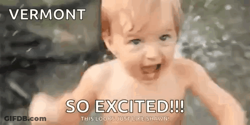 A Baby Is Swimming In A Pool With The Words `` Vermont So Excited '' Written On It . GIF