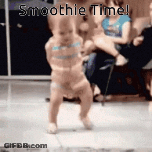 A Baby Is Walking On A Tiled Floor With The Words Smoothie Time Written Above It GIF