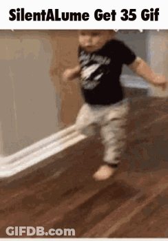 A Baby Is Walking On A Wooden Floor With The Words Silentalume Get 35 Gif Below Him . GIF