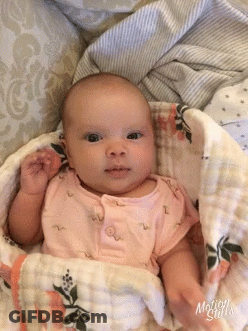 A Baby Is Wrapped In A Blanket And Looking At The Camera While Laying On A Bed . GIF