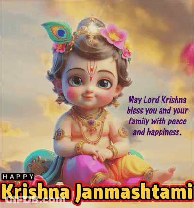 A Baby Krishna With A Peacock Feather On His Head Is On A Happy Krishna Janmashtami Greeting Card GIF