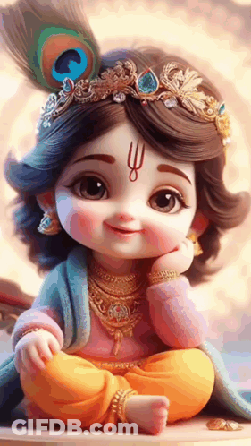 A Baby Krishna With A Peacock Feather On His Head GIF