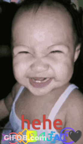 A Baby Making A Funny Face With The Words " He He Baja " Written On The Bottom GIF