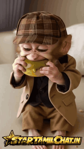 A Baby Monkey Wearing A Plaid Hat Is Eating A Donut From A Star Tamilchat.in Website GIF