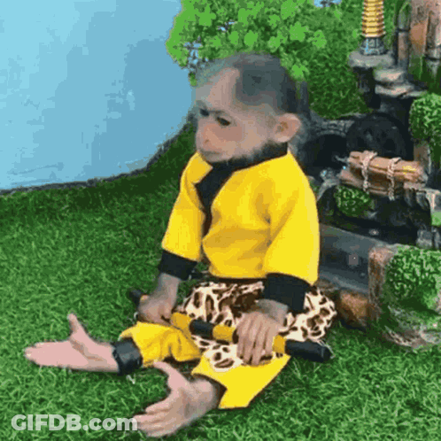 A Baby Monkey Wearing A Yellow Shirt And Leopard Print Pants Is Sitting On The Grass Playing With A Toy . GIF