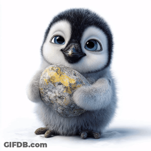 A Baby Penguin Is Holding A Large Rock GIF