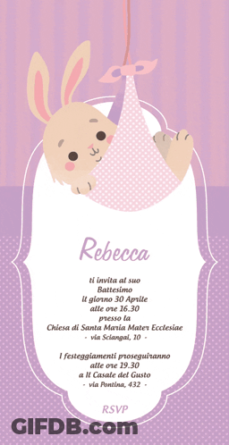 A Baby Shower Invitation For Rebecca With A Bunny Hanging From A String GIF