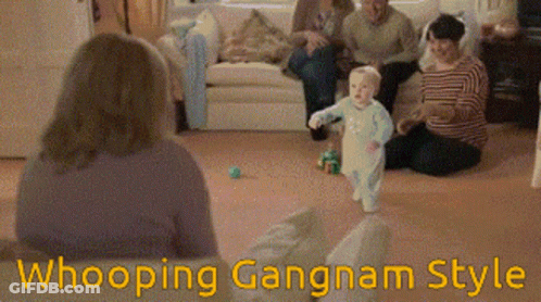 A Baby Walking In A Living Room With The Words Whooping Gangnam Style GIF
