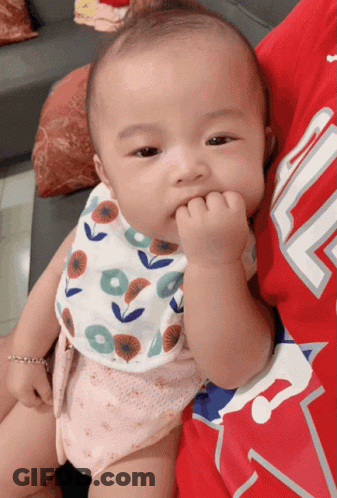 A Baby Wearing A Bib With Flowers On It Is Being Held By A Person Wearing A Red Shirt With The Letter L On It GIF