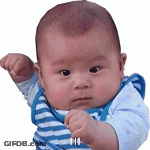A Baby Wearing A Blue And White Striped Shirt Is Making A Fist And Saying Hi GIF