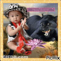 A Baby Wearing A Cowboy Hat Is Sitting Next To A Panther GIF
