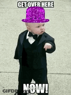 A Baby Wearing A Tuxedo And A Purple Top Hat . GIF