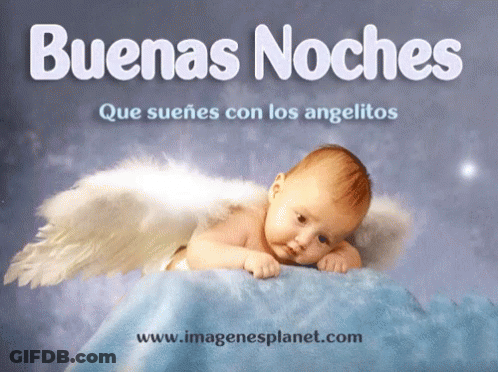 A Baby Wearing Angel Wings Is Laying On A Blue Blanket Under The Words Buenas Noches GIF