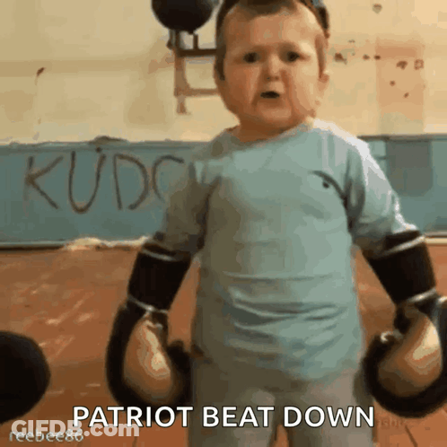 A Baby Wearing Boxing Gloves With The Words Patriot Beat Down Above Him GIF