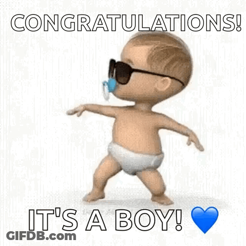 A Baby Wearing Sunglasses And A Pacifier Is Dancing With The Words Congratulations ! It 'S A Boy ! GIF