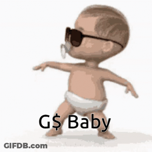 A Baby Wearing Sunglasses And A Pacifier Is Dancing With The Words G $ Baby Written Below Him GIF