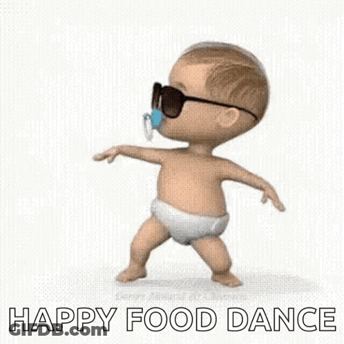 A Baby Wearing Sunglasses And A Pacifier Is Dancing With The Words `` Happy Food Dance '' Behind Him . GIF