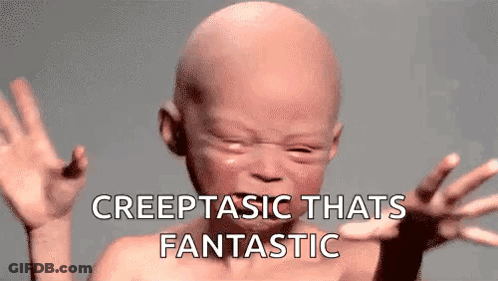 A Baby With A Bald Head Is Making A Funny Face With His Hands Up And The Words `` Creeptasic Thats Fantastic '' . GIF