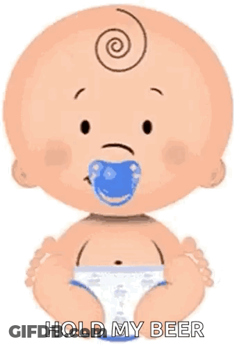 A Baby With A Pacifier In His Mouth Is Sitting Down And Holding A Beer . GIF