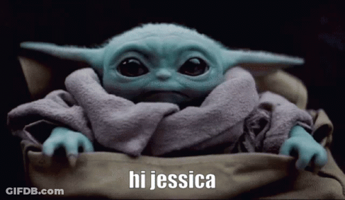 A Baby Yoda From Star Wars Is Wrapped In A Blanket And Saying Hi Jessica . GIF