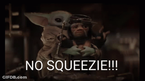 A Baby Yoda Holding A Monkey With The Words " No Squeezie " Written On It GIF