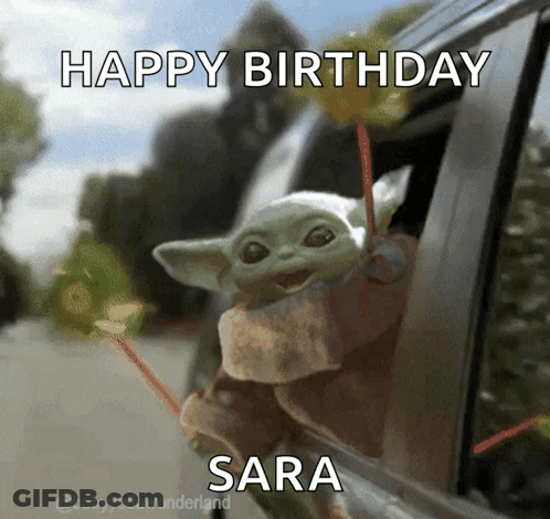 Baby Yoda Holding Straw Happy Birthday Sara GIF