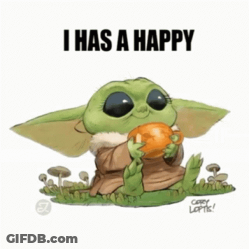A Baby Yoda Is Sitting In The Grass Holding A Cup Of Coffee And Says I Has A Happy . GIF