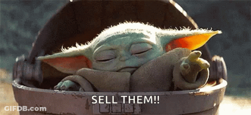 A Baby Yoda Is Sleeping In A Bucket With The Words `` Sell Them '' Written On It . GIF