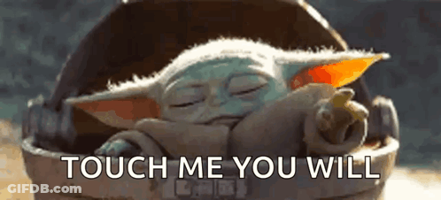 A Baby Yoda Is Sleeping In A Bucket With The Words `` Touch Me You Will '' Written On It . GIF