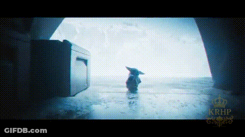 A Baby Yoda Is Standing On A Wet Floor In Front Of A Window . GIF