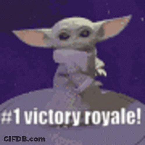 A Baby Yoda Is Standing On Top Of A Planet With The Words `` # 1 Victory Royale '' . GIF