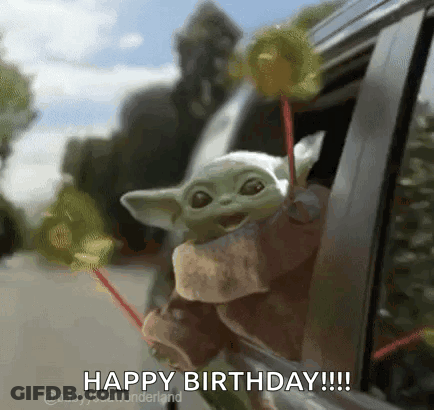 A Baby Yoda Is Sticking Its Head Out Of A Car Window While Holding Lollipops . GIF