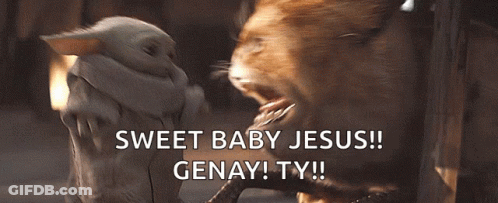A Baby Yoda Standing Next To A Cat That Says Sweet Baby Jesus ! GIF