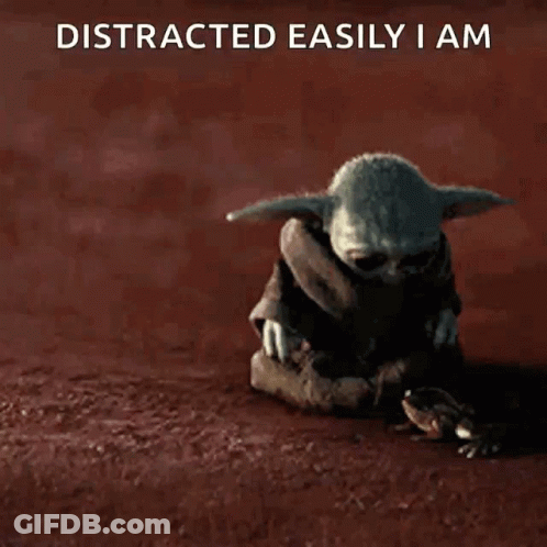 A Baby Yoda Standing Next To A Frog With The Words " Distracted Easily I Am " On The Bottom GIF