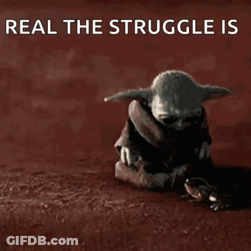 A Baby Yoda Standing Next To A Frog With The Words Real The Struggle Is Written Above Him GIF