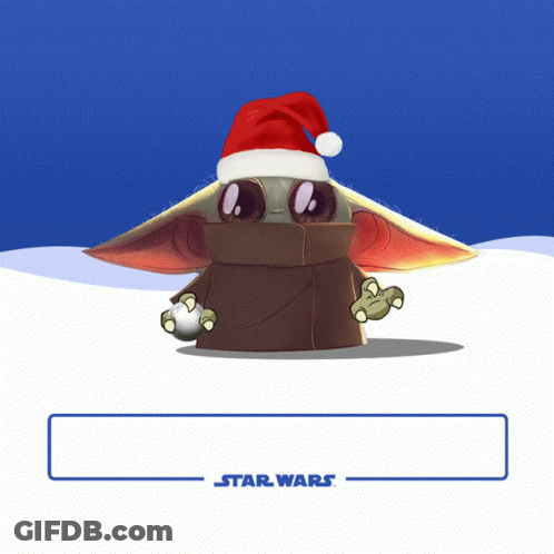 A Baby Yoda Wearing A Santa Hat And Holding A Snowball Is On A Star Wars Poster GIF