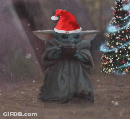 A Baby Yoda Wearing A Santa Hat Holding A Cup Of Coffee GIF