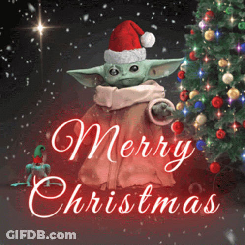 A Baby Yoda Wearing A Santa Hat Stands Next To A Christmas Tree And Says Merry Christmas GIF
