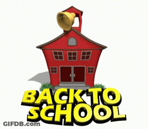 A Back To School Sign With A Bell On Top Of A Red School Building GIF