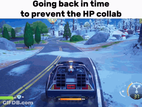 A Back To The Future Car Is Driving Down A Snowy Road With The Caption Going Back In Time To Prevent The Hp Collab GIF