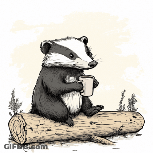 Badger Sitting On Log Holding Coffee Cup GIF