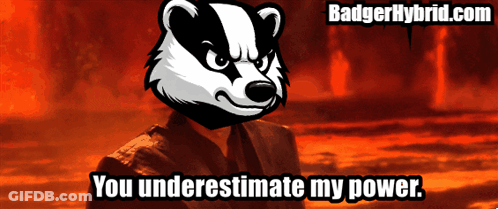 A Badger Says " You Underestimate My Power " In Front Of A Fire Background GIF