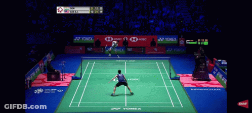 A Badminton Match Is Being Played On A Court With Advertisements For Yonex And Hsbc GIF