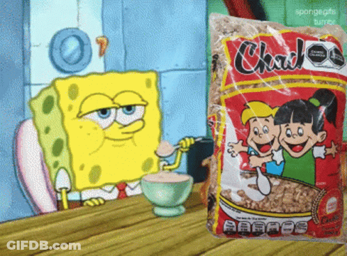 A Bag Of Chad Cereal Next To A Cartoon Character GIF