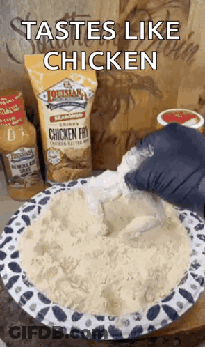 A Bag Of Louisiana Seasoned Chicken Fries Is Being Poured Into A Bowl Of Flour GIF