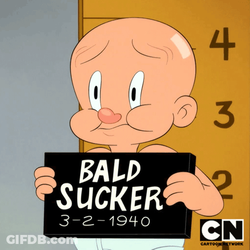 A Bald Cartoon Character Holding A Sign That Says Bald Sucker GIF