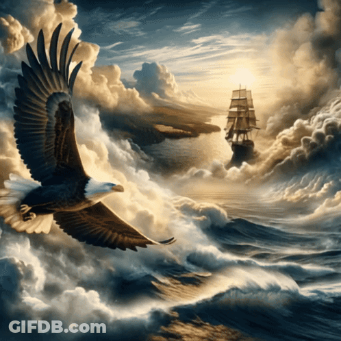 A Bald Eagle Is Flying Over The Ocean With A Ship In The Distance GIF