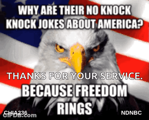 A Bald Eagle With The Words Why Are Their No Knock Knock Jokes About America Thanks For Your Service Because Freedom Rin GIF