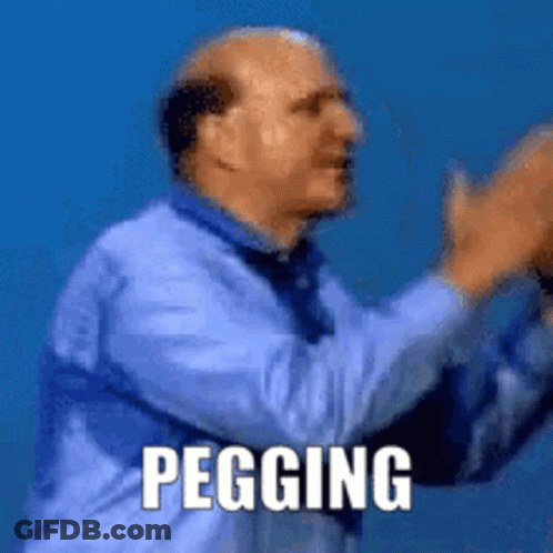 A Bald Man In A Blue Shirt And Tie Is Clapping His Hands With The Word Pegging Written Below Him . GIF